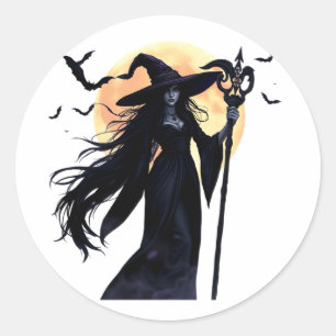 Mystical Witch under a Full Moon Classic Round Sticker