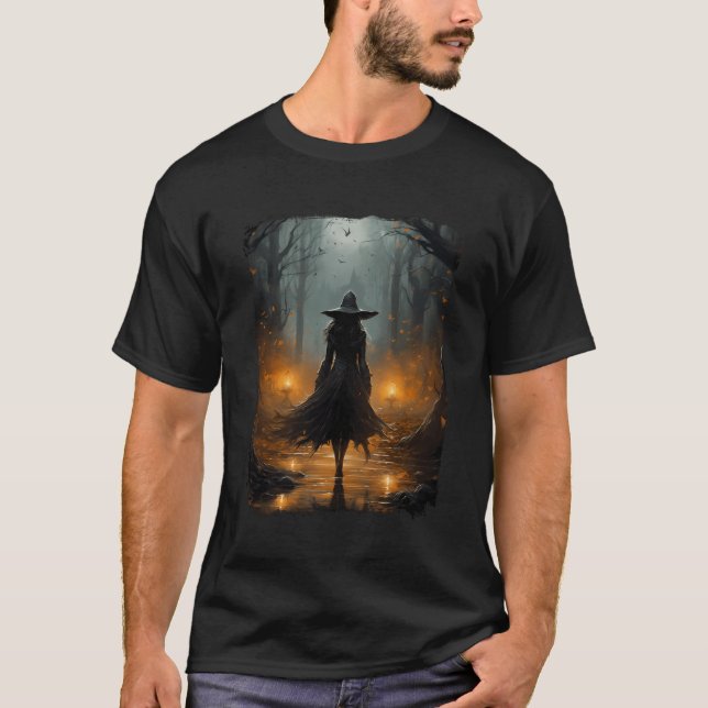 Mystical Witch Walking The Forest Halloween Gothic T-Shirt (Front)