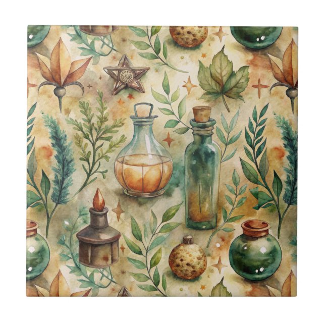 Mystical Witchcraft Bottles Green Brown Ceramic Tile (Front)