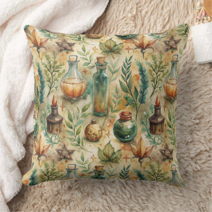 Mystical Witchcraft Bottles Green Brown Throw Pillow