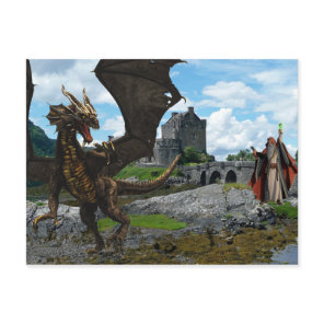 Mystical Wizard and Dragon Castle Landscape Postcard