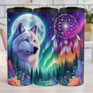 Mystical Wolf Dreamcatcher Under Glowing Moon Sky Thermal Tumbler