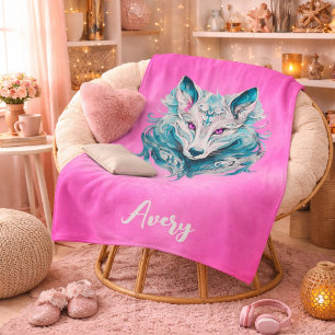 Mystical Wolf Elegant Turquoise & Pink Wolf Sherpa Blanket
