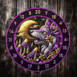Mystical Wolf Howling at Full Moon Dart Board<br><div class="desc">This mesmerizing design combines the beauty of nature with a touch of the mystical. Featuring a purple wolf howling at the golden moon, this artwork is perfect for your man cave’s centerpiece. The intricate golden swirls and starry night background add an aura of adventure and wilderness. Pair it with fishing-themed...</div>