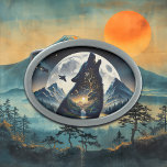 Mystical Wolf Howling at Moon Surreal  Belt Buckle<br><div class="desc">Picture within a picture. Double exposure art depicting a wolf howling at the moon with a mountains and forest and mountains background.</div>