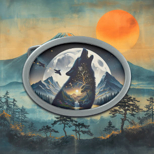 Mystical Wolf Howling at Moon Surreal  Belt Buckle