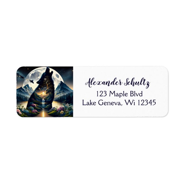 Mystical Wolf Howling at Moon Surreal Personalized Label (Front)