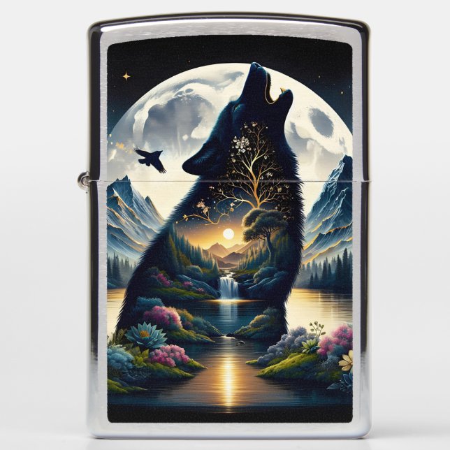 Mystical Wolf Howling at Moon Surreal  Zippo Lighter (Front)