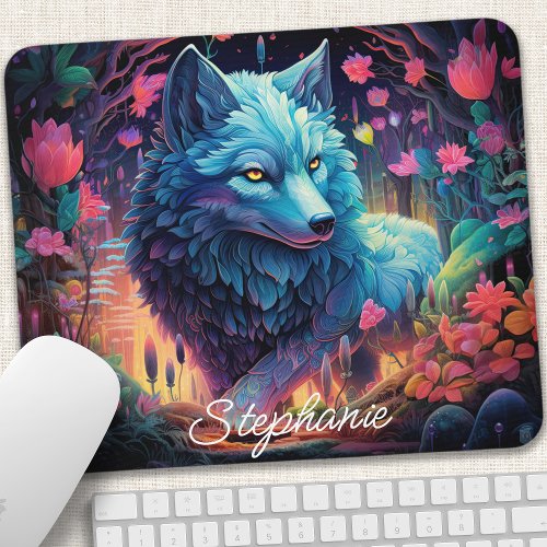 Mystical Wolf in Enchanted Forest Mouse Pad