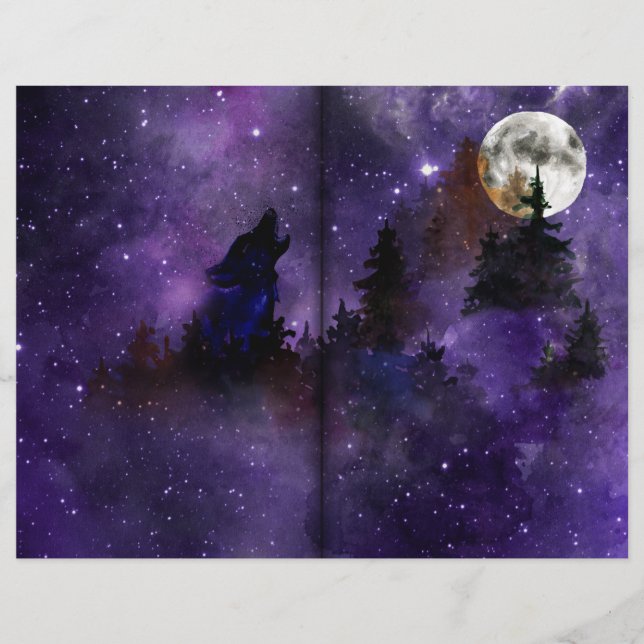 Mystical Wolf & Moon Forest Scrapbook Paper (Front)