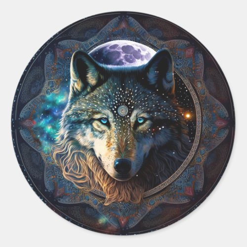 Mystical Wolf Moon Mandala Classic Round Sticker