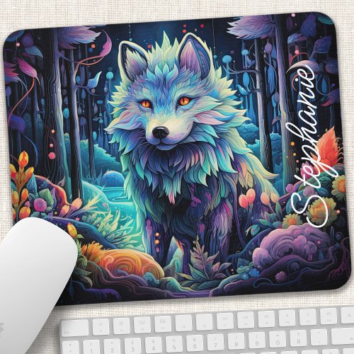 Mystical Wolf Pup in Enchanted Forest Mouse Pad