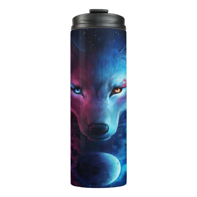Mystical Wolf with Dual Eyes Amidst Cosmic Clouds  Thermal Tumbler (Front)