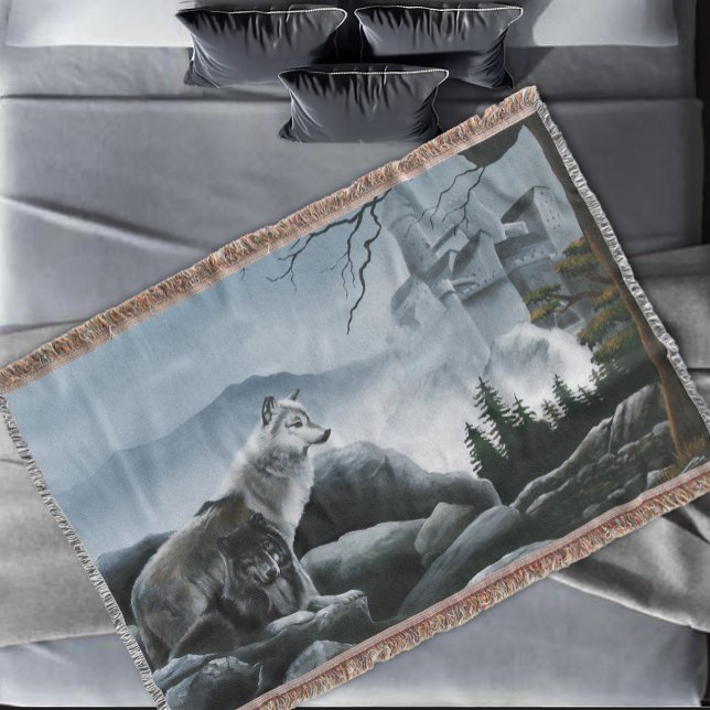 Mystical Wolves Guards Castle Fantasy Wildlife Throw Blanket (Creator Uploaded)