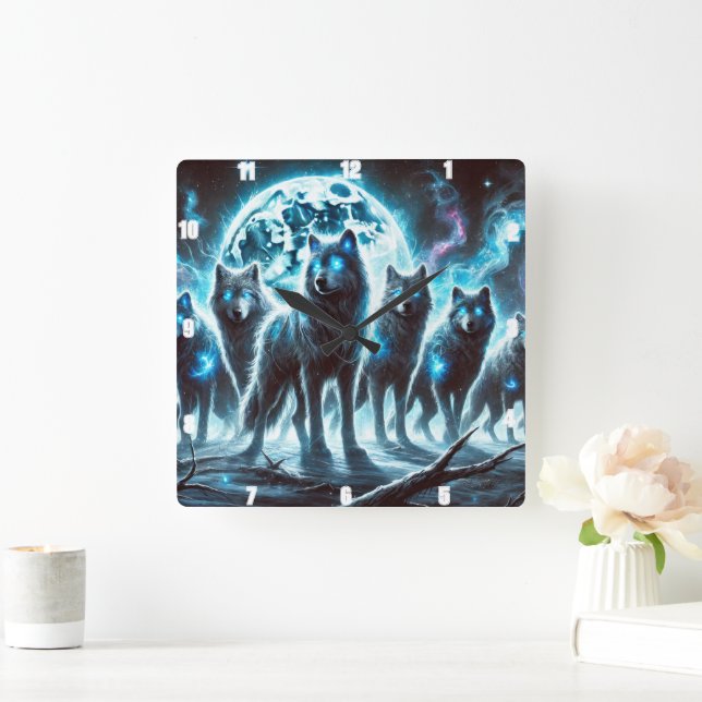 Mystical Wolves in Moonlit Forest Blue Glow Square Wall Clock (Home)