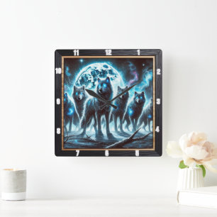 Mystical Wolves in Moonlit Forest Blue Glow Square Wall Clock
