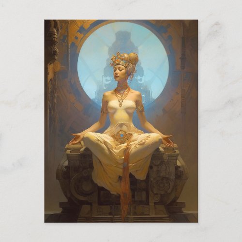 Mystical Woman Meditating Blue Gold Fantasy Art Postcard