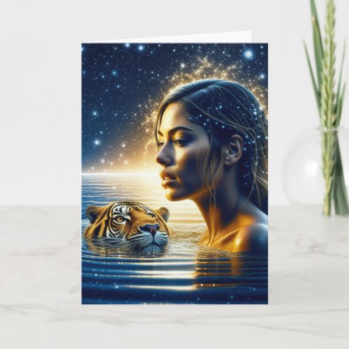 Mystical Woman Swimming with Tiger Card