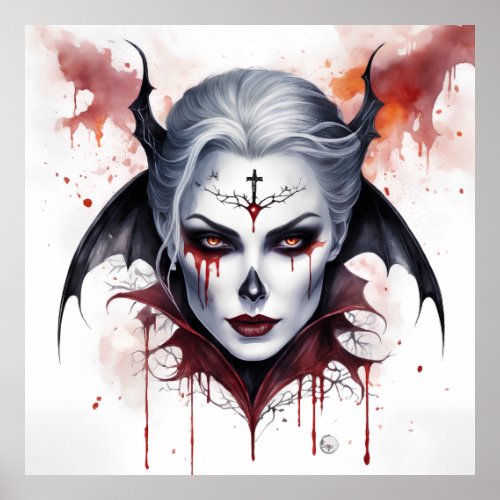 Mystical Woman Vampire Watercolor Halloween  Poster