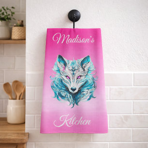 Mystical Woodland Wolf Turquoise Pink Kitchen Towel