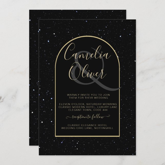 Mystique BLACK GOLD Starry Night Wedding Invitation (Front/Back)