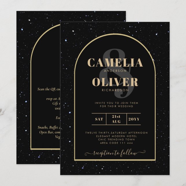 Mystique BLACK GOLD Starry Night Wedding Invitation (Front/Back)