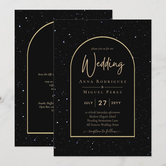 Mystique BLACK GOLD Starry Night Wedding Invitation (Front/Back)