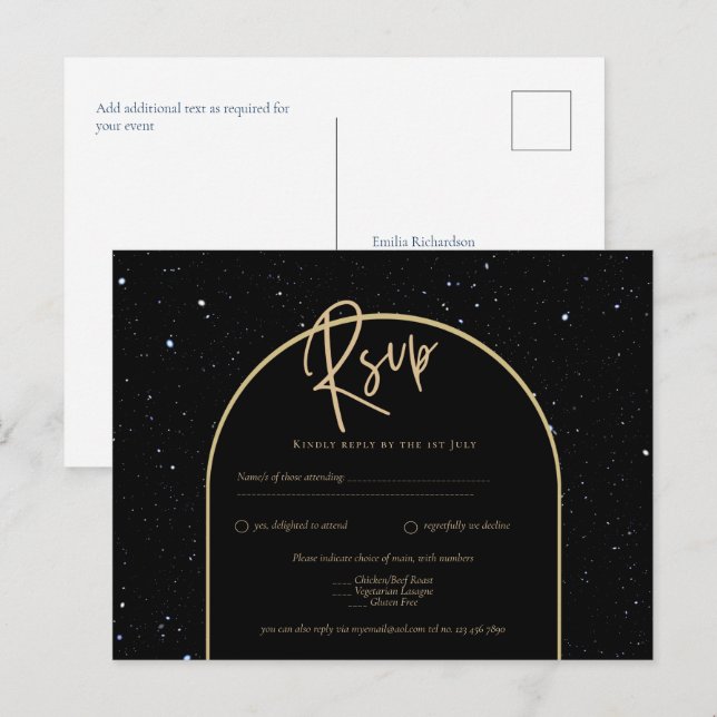 Mystique BLACK GOLD Starry Night Wedding RSVP Postcard (Front/Back)