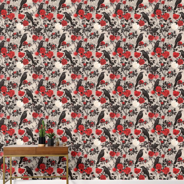  Mystique Crows Roses Moon Midnight Peel & Stick  Wallpaper (Hallway)