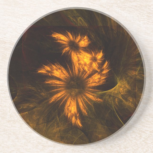 Mystique Garden Golden Abstract Fractal Art Coaster (Front)