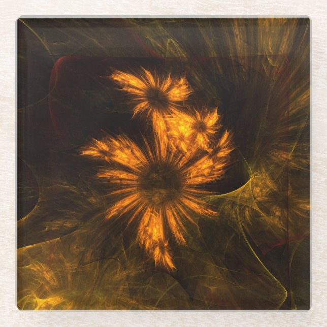 Mystique Garden Golden Abstract Fractal Art Glass Coaster (Front)