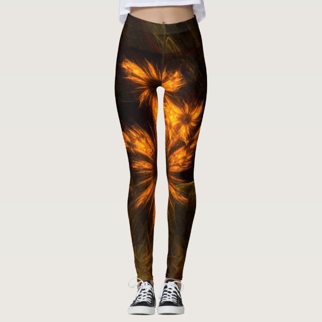 Mystique Garden Golden Abstract Fractal Art Leggings (Front)