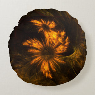 Mystique Garden Golden Abstract Fractal Art Round Pillow