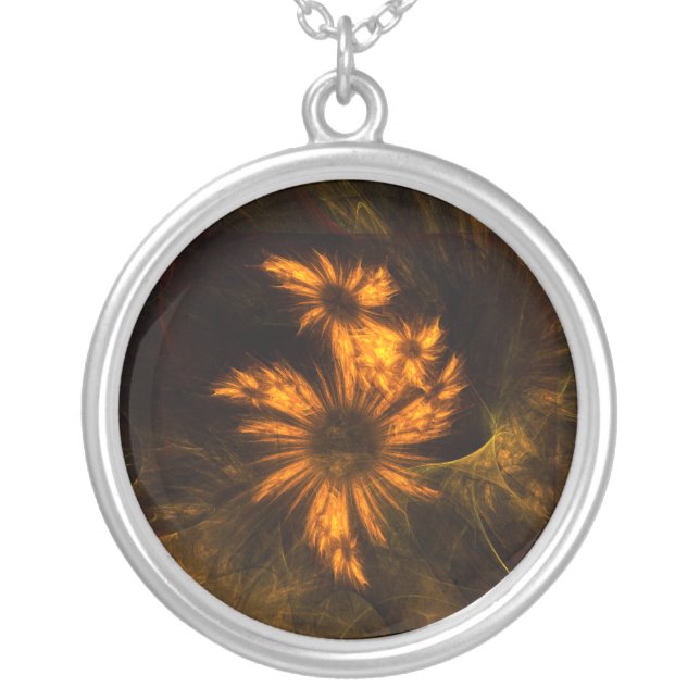 Mystique Garden Golden Abstract Fractal Art Silver Plated Necklace (Front)