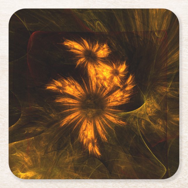 Mystique Garden Golden Abstract Fractal Art Square Paper Coaster (Front)