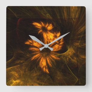 Mystique Garden Golden Abstract Fractal Art Square Wall Clock
