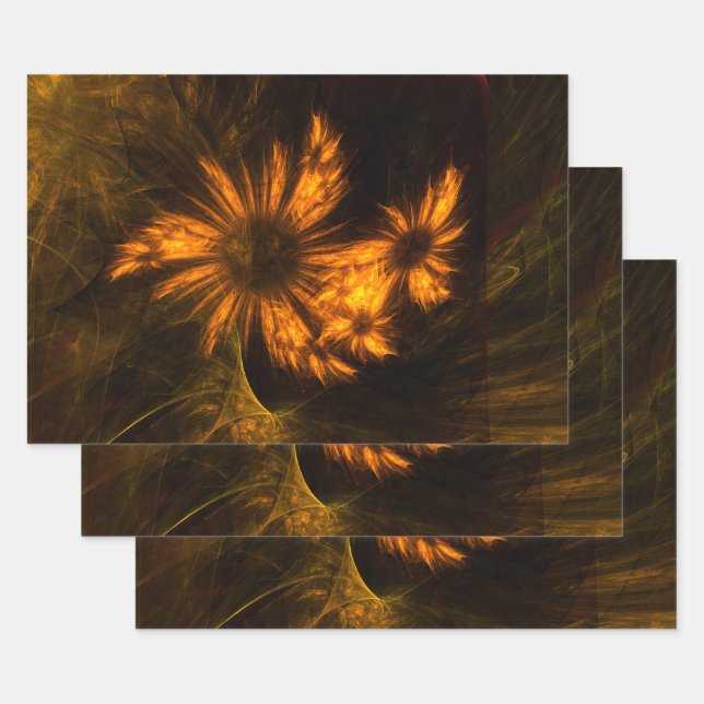 Mystique Garden Golden Abstract Fractal Art Wrapping Paper Sheets (Set)