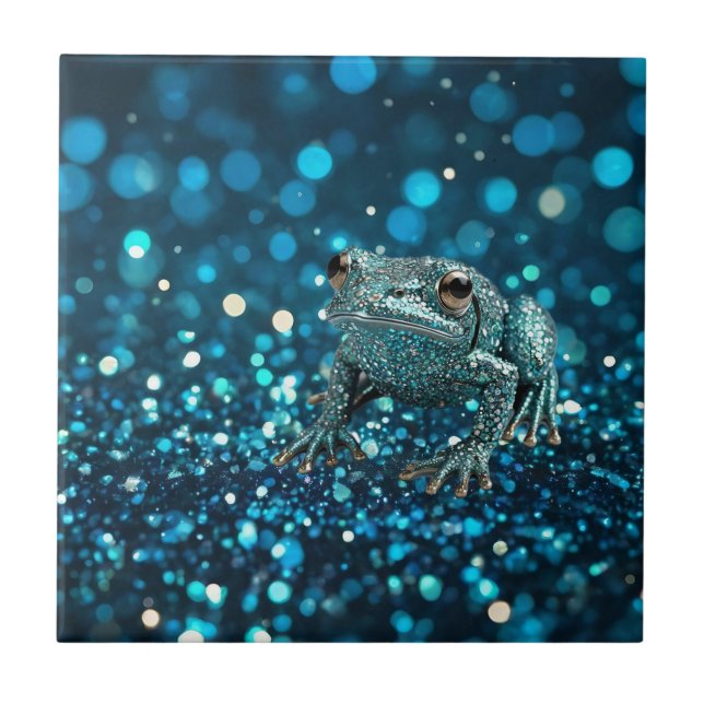 Mystique of the Blue Dimentee Frog On Blue Bokeh Ceramic Tile (Front)