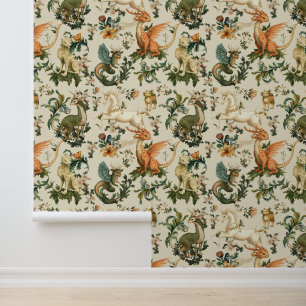 Mythical Animals Forest Creatures Cream Wallpaper