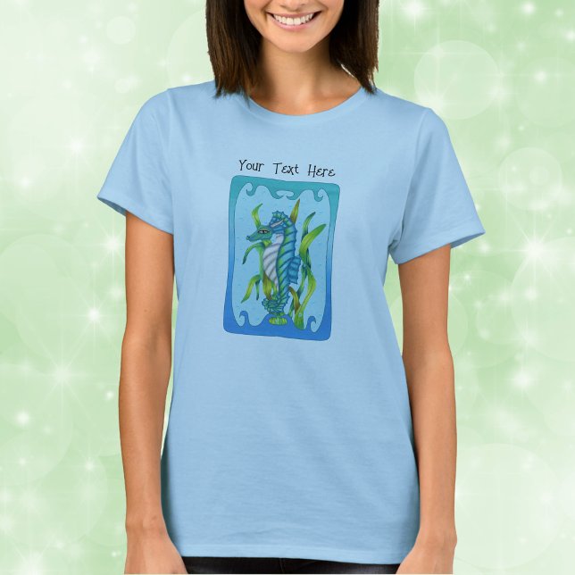 Mythical Aqua Blue Sea Dragon Wavy Blue Frame T-Shirt (Mythical aqua blue sea dragon horns green seaweed water bubbles in blue frame on woman's tee shirt.)