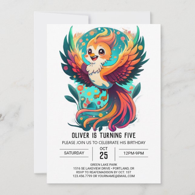 Mythical Bird Magic Whimsical Phoenix Birthday Invitation (Front)