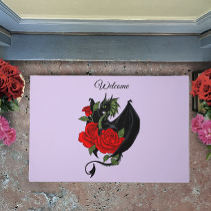 Mythical Black Dragon Red Roses Lavender Gothic Doormat