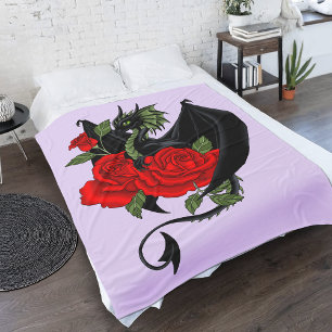 Mythical Black Dragon Red Roses Lavender Gothic Fleece Blanket