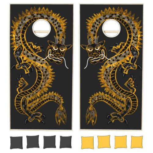 Mythical Black Gray and Gold Dragon Cornhole Set