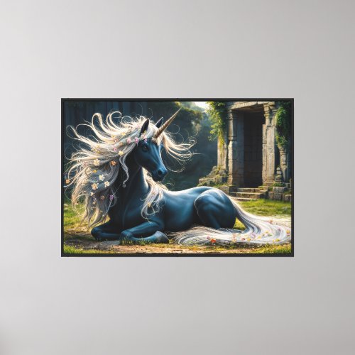Mythical black unicorn resting at temple ruins canvas print
