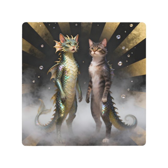 Mythical Cat-Dragon Creatures Metal Print (Front)