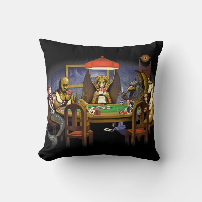 Mythical Creatures Playing Poker Throw Pillow (Front)