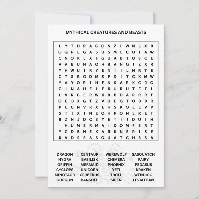 Mythical Creatures Word Search Invitation (Front)
