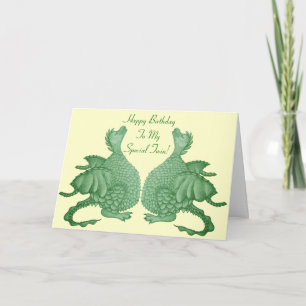 mythical fantasy creature cute green dragon twins card