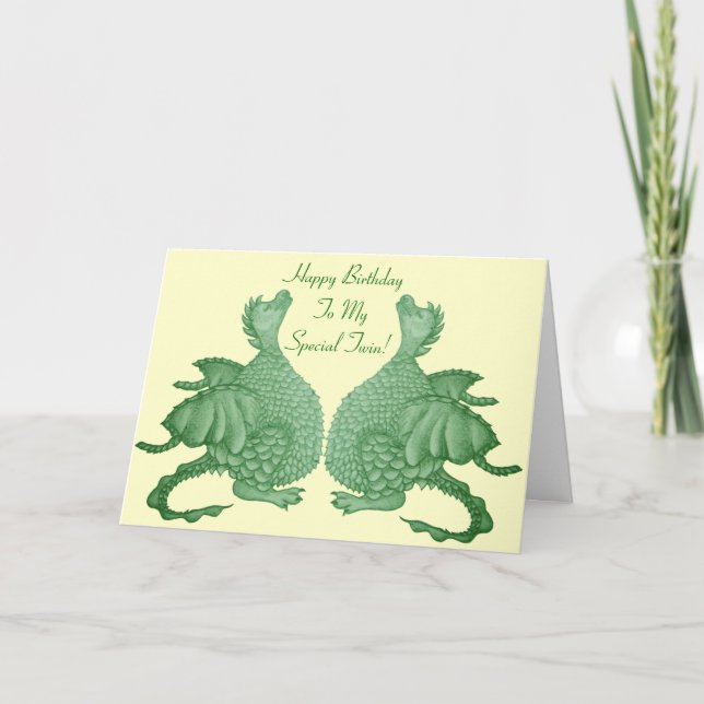 mythical fantasy creature cute green dragon twins card (Front)